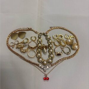 Gold Jewelry Lot 16 pc Pearl Crystal Necklace Earrings Rings Bundle Feminine